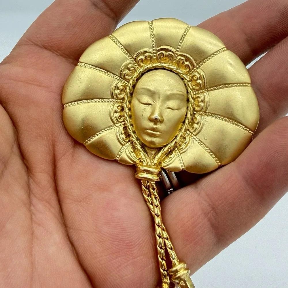 Vtg JJ Jonette Women Face Brooch Goddess Headdress Tassel Art Deco Large Rare